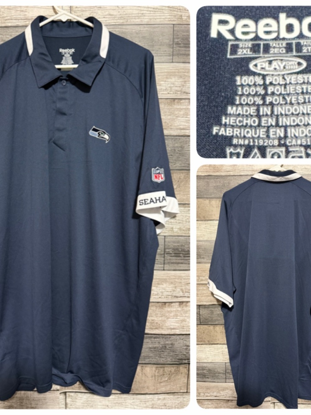 Reebok Seattle Seahawks NFL Polo Shirt Men’s 2XL Navy Blue Embroidered